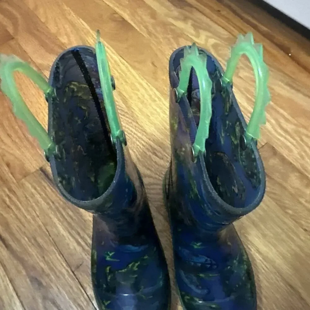 Western Chief T-Rex Lighted Little Kids Rain Boots Sz 10 Blue Dinosaurs
